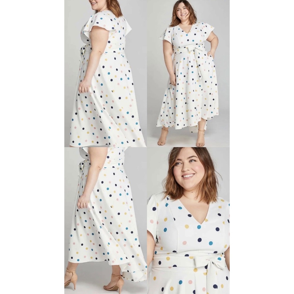 Lane Bryant Polka Dot High Low Midi Dress White Multi Color V-Neck Size 24